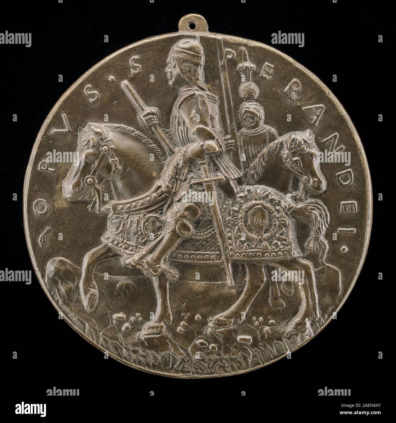 Un'incisione di Sperandio, probabilmente tra il 1478 e il 1482, che mostra Giovanni II Bentivoglio e uno scudiero sul retro, mettendo in risalto costume, postura ed elementi araldici. Foto Stock