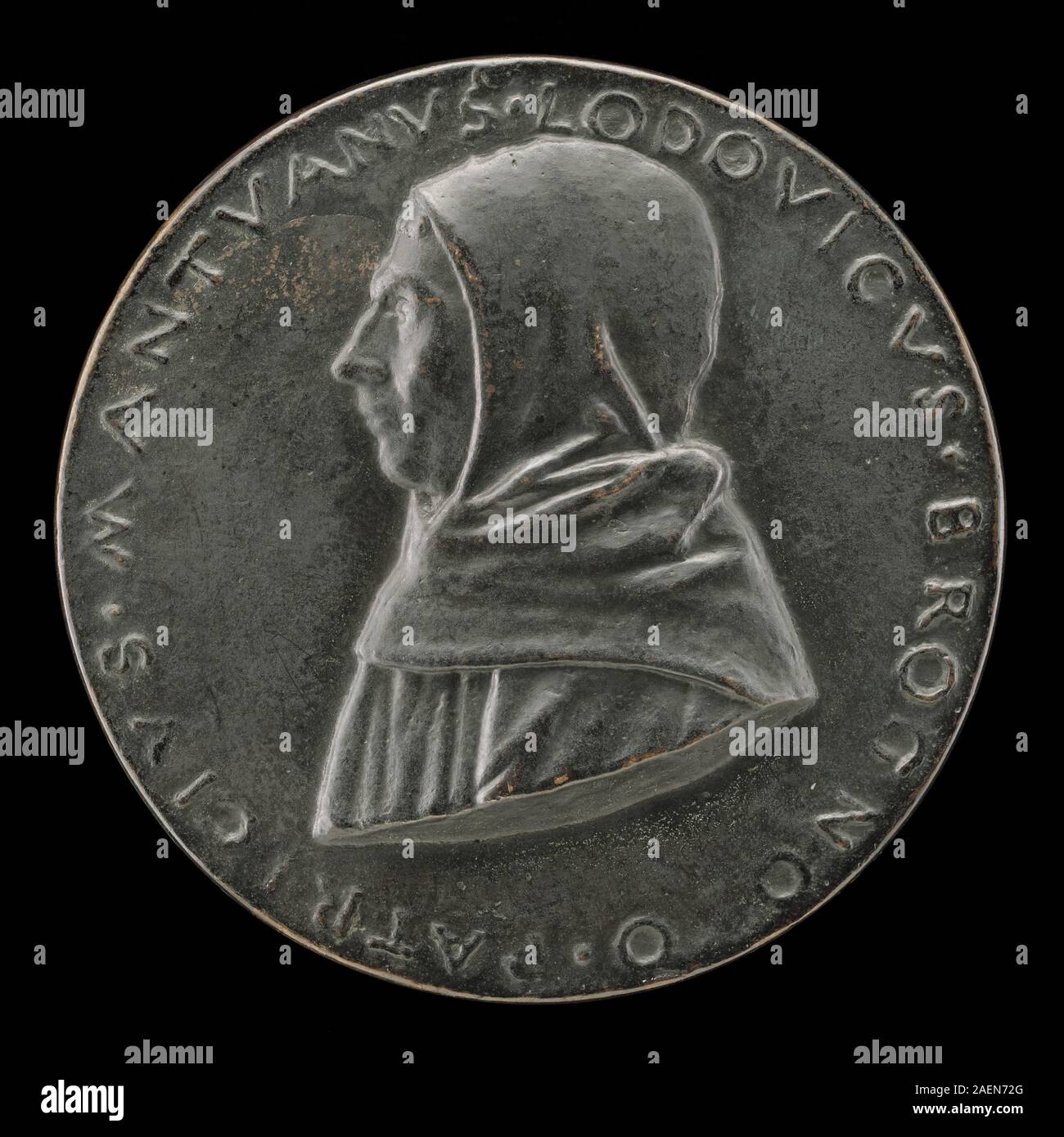 Un'incisione di Sperandio, circa 1495-1496, che mostra Lodovico Brognolo dei Frati osservanti, Patrizio di Mantova, di profilo con costumi dettagliati ed elementi araldici. Foto Stock