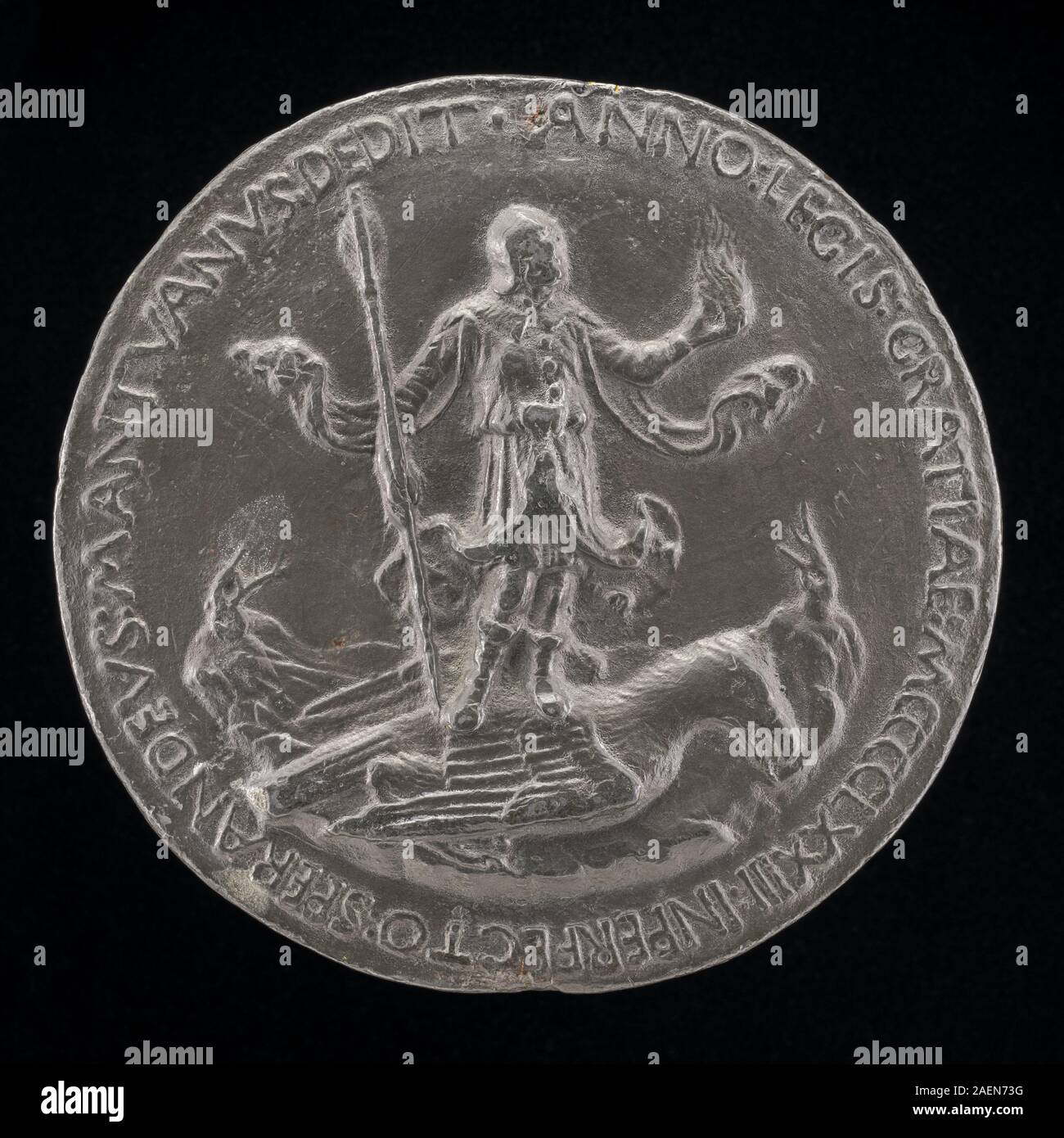 Un'incisione di Sperandio del 1473 che mostra un uomo in piedi su un'aquila sul retro, evidenziando figura, postura e composizione simbolica. Foto Stock