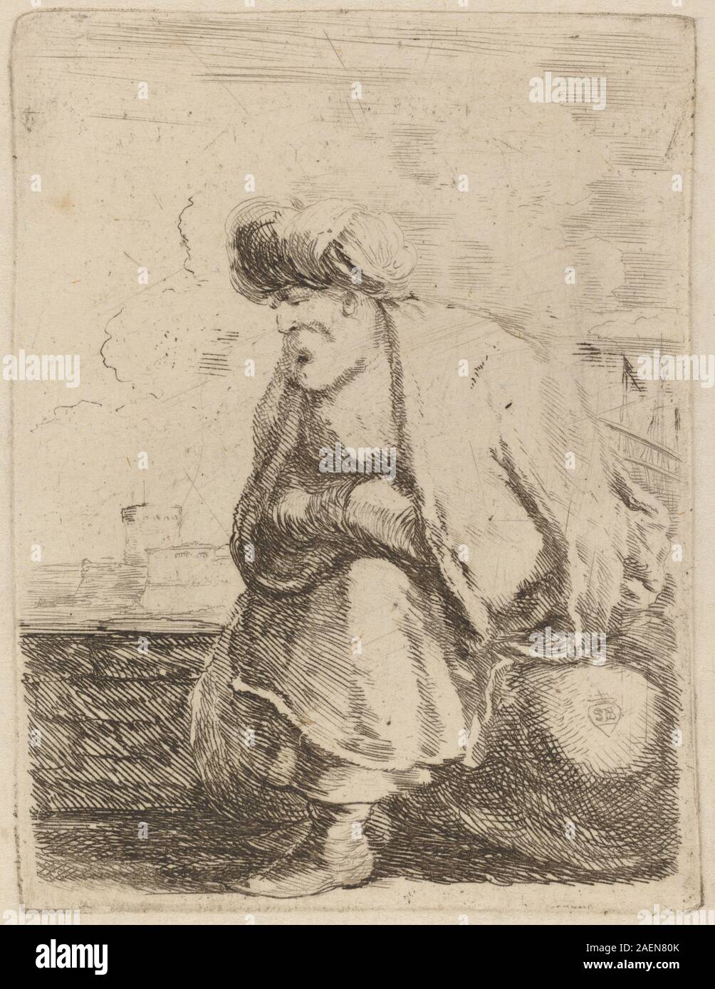 Questa stampa di Stefano della bella raffigura un vecchio turco che indossa un turbante seduto su una roccia, mostrando tratti facciali, abbigliamento, postura, tendaggi, roccia, paesaggio di fondo e stile incisione italiano del XVII secolo. Foto Stock