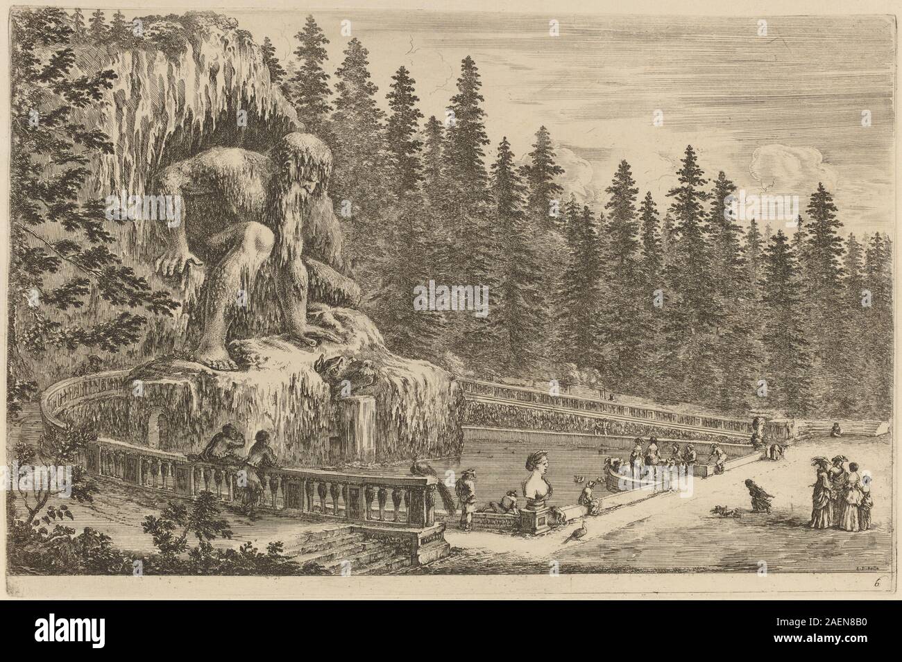 Incisione di Stefano della bella intitolata "Statua colossale degli Appennini", probabilmente creata nel 1653, raffigurante una statua monumentale ambientata in un paesaggio, che mostra dimensioni architettoniche e dettagli scultorei. Foto Stock