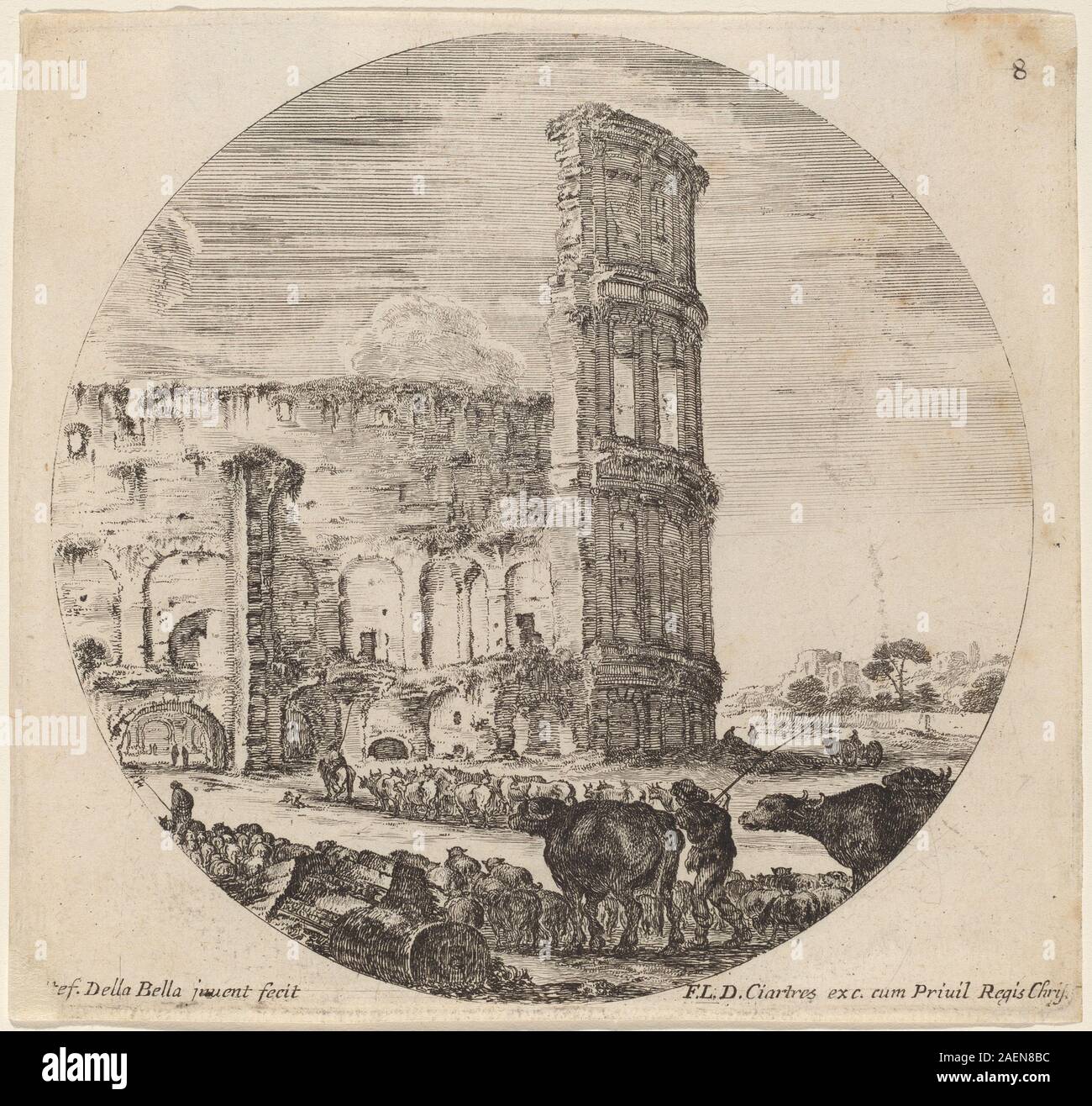 Un'incisione di Stefano della bella del 1646 raffigurante il Colosseo di Roma, che mostra dettagli architettonici, archi e strutture circostanti in una composizione classica. Foto Stock