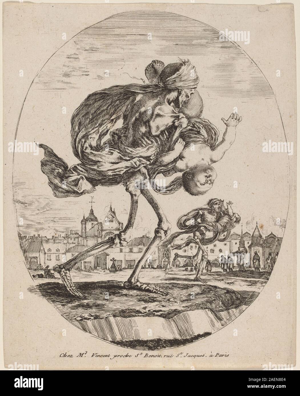 Un'incisione di Stefano della bella, raffigurante la personificazione della morte che trasporta un bambino a destra. Creato intorno al 1648, il lavoro mostra figure dettagliate con gesti espressivi, sottolineando la mortalità e la vulnerabilità umana. Foto Stock