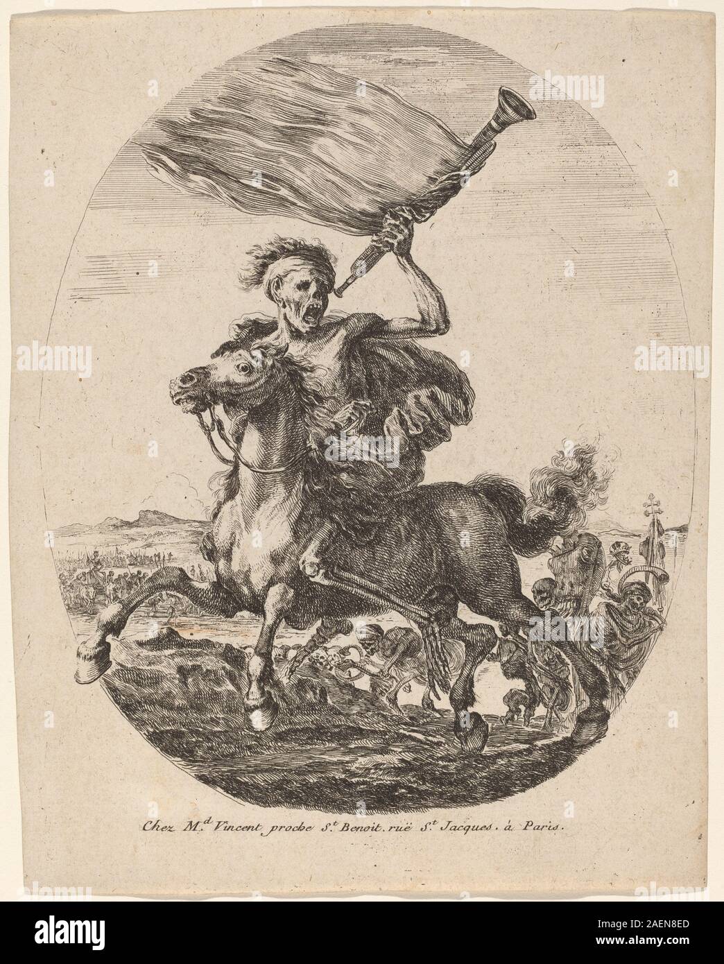 Una stampa di Stefano della bella, probabilmente creata nel 1648, raffigurante la morte a cavallo con figure in movimento, composizione drammatica ed elementi stilistici barocchi. Foto Stock