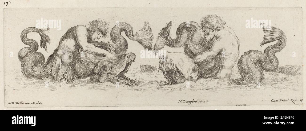 Un'incisione di Stefano della bella, probabilmente del 1648, che mostra delfini e tritoni in una composizione marina decorativa, con creature marine mitologiche. Foto Stock