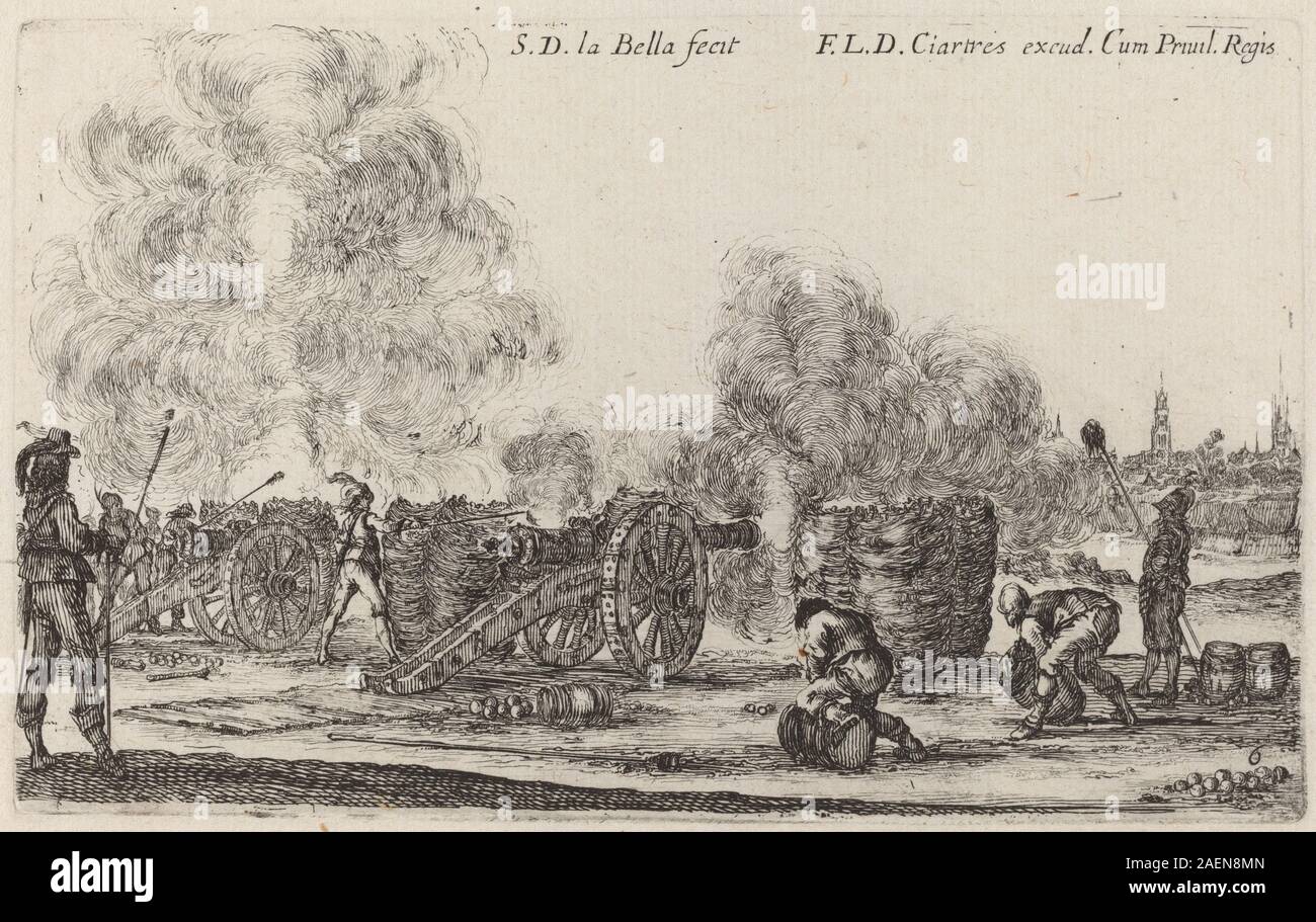 Un'incisione di Stefano della bella intorno al 1641 mostra i soldati che sparano cannoni, illustrando l'azione militare, le armi e i dettagli del campo di battaglia europeo del XVII secolo. Foto Stock