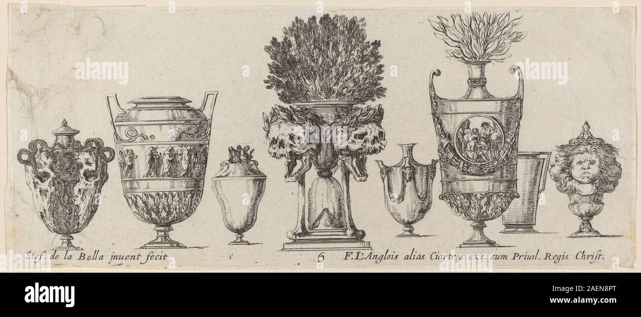 Un'incisione di Stefano della bella, probabilmente del 1646, che mostra una serie di vasi fantastici con decorazioni elaborate, motivi ornamentali e forme fantasiose. Foto Stock