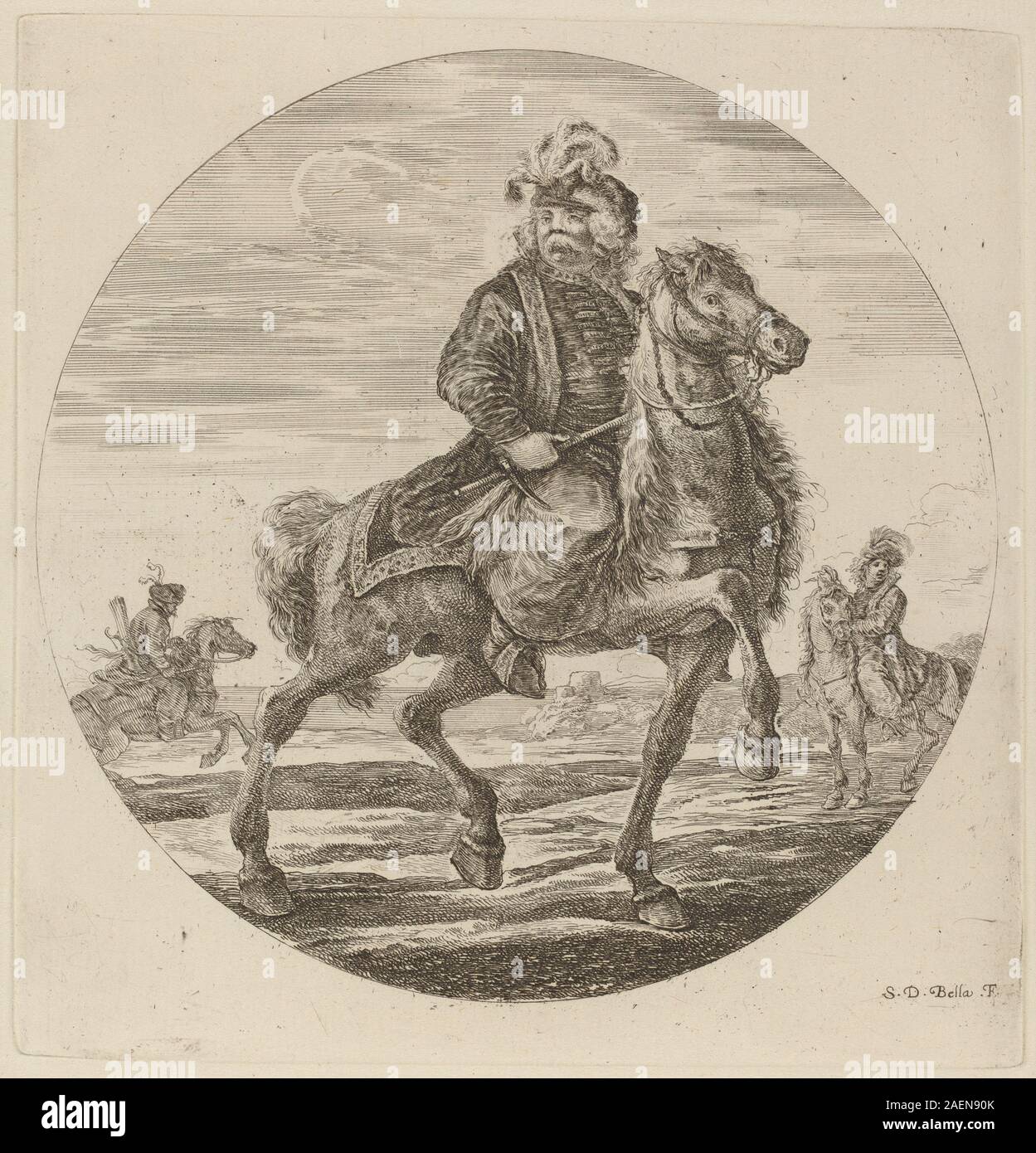 Un'incisione di Stefano della bella raffigurante un cavaliere ungherese, che mostra un soldato a cavallo in abbigliamento militare con dettagliate armi e cavalli. Foto Stock