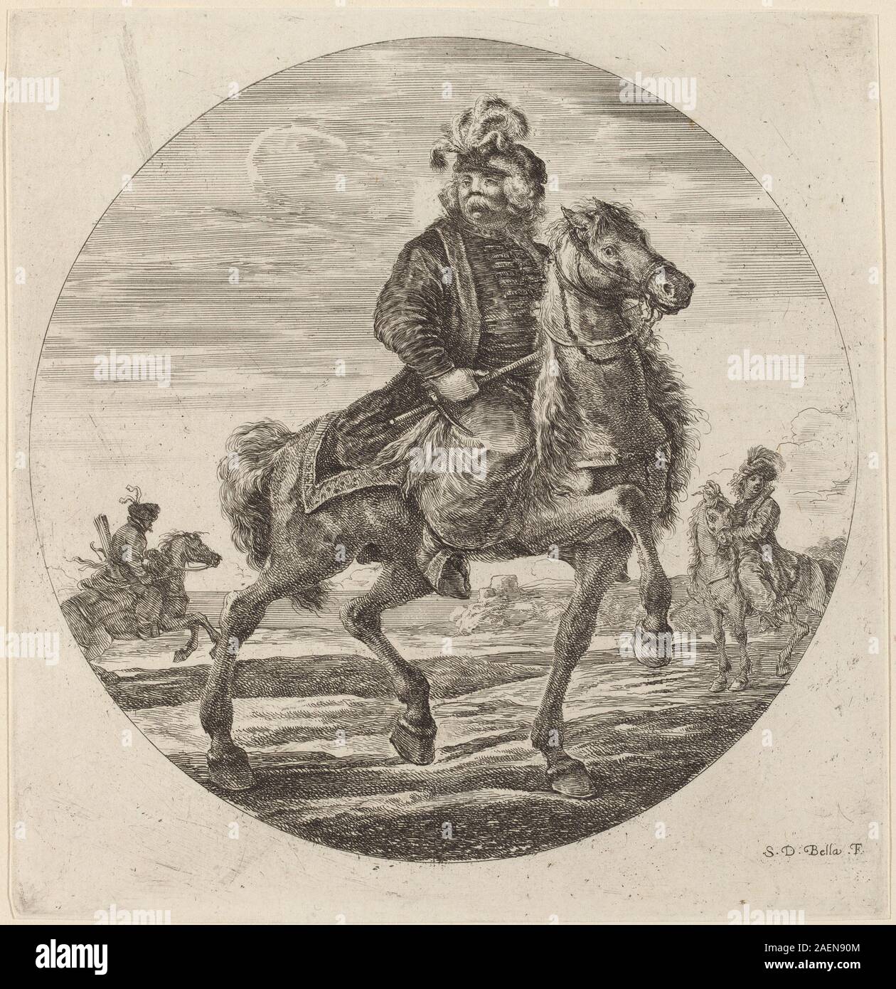 Un'incisione di Stefano della bella che mostra un cavaliere ungherese, raffigurante un soldato a cavallo in un dettagliato abbigliamento militare con cavalli e armi. Foto Stock