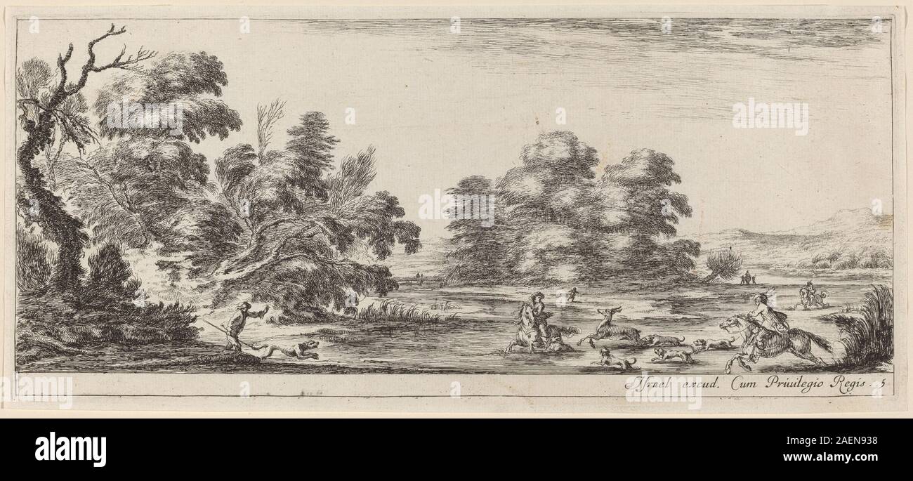 Un'incisione di Stefano della bella, nel 1647 o prima, che mostra una scena paesaggistica con cacciatori che inseguono cervi, tra cui figure umane, animali e dintorni naturali. Foto Stock