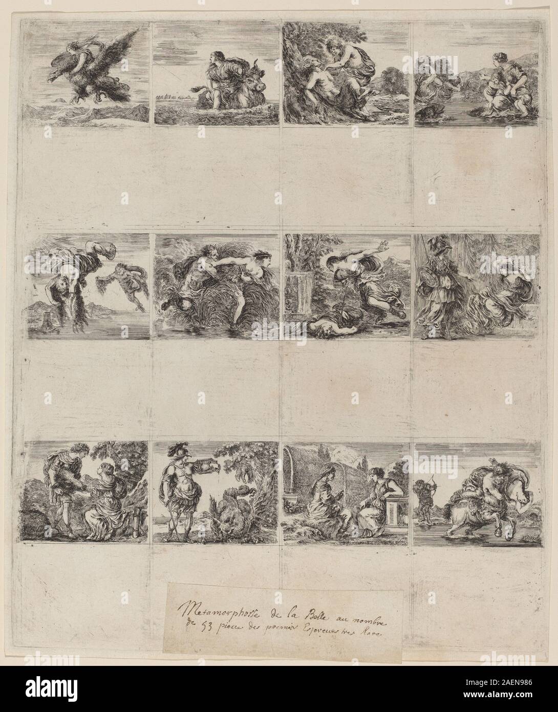 Un'incisione di Stefano della bella del 1644 raffigurante una serie di carte da gioco mitologiche, con figure della mitologia classica e motivi decorativi. Foto Stock