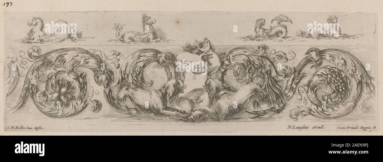 Un'incisione di Stefano della bella, probabilmente del 1648, che mostra un fregio ornamentale con creature marine tra cui delfini, tritoni e motivi decorativi. Foto Stock