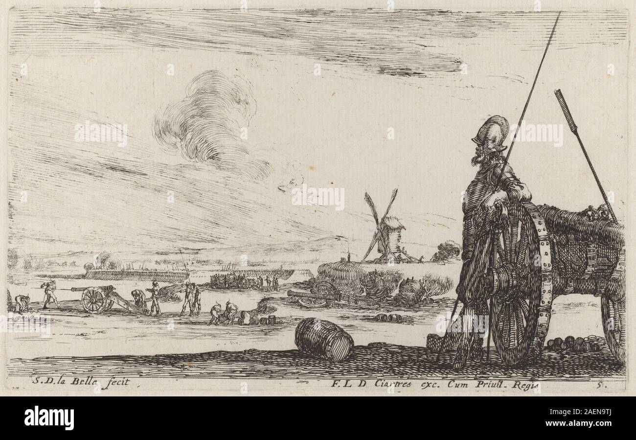 Un'incisione di Stefano della bella intorno al 1641 raffigurante un soldato in armatura in piedi vicino a un cannone, illustrando equipaggiamento militare e abbigliamento del periodo. Foto Stock