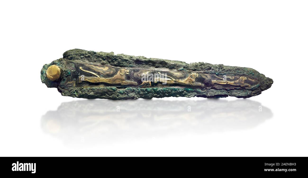 Micenea spada di bronzo intarsiato con i lions di Grave un cerchio, Micene,  XVI sec. a.c. Museo Archeologico Nazionale di Atene. Cat n. 395. Xvi sec.  a.c Foto stock - Alamy