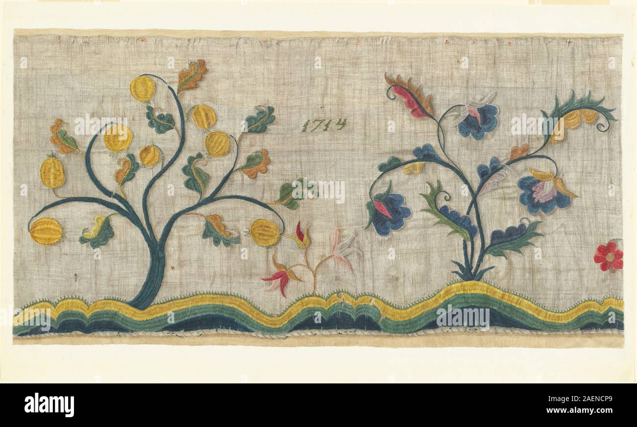 Questa grembialatura di Suzanne Chapman, prodotta tra il 1935 e il 1942, è un tessuto decorativo appeso per finestre, caratterizzato da tessuti a fantasia, bordi cuciti e design tessile domestico della metà del XX secolo. Foto Stock