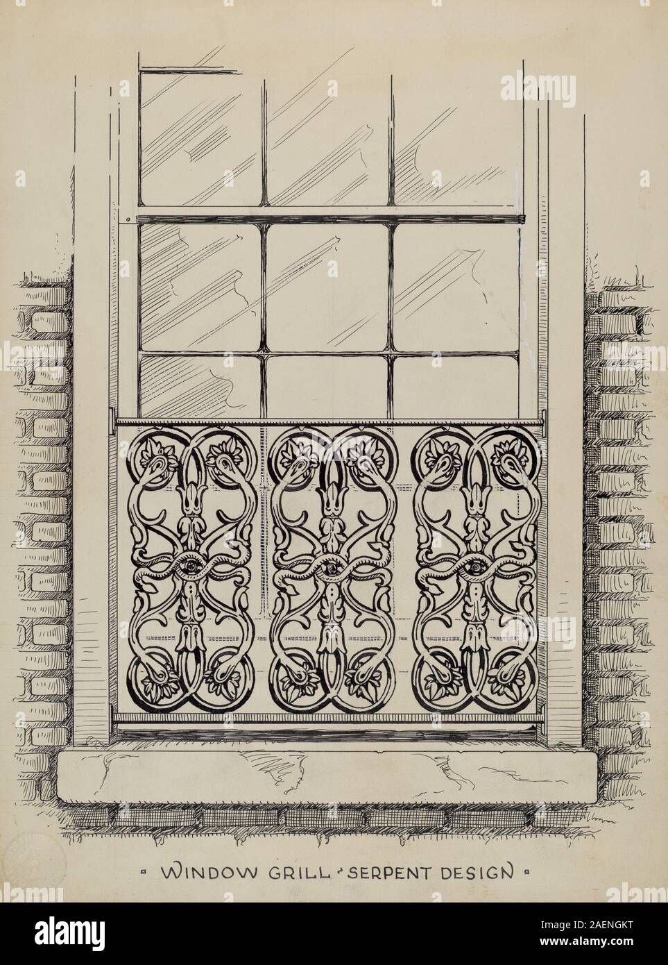 Disegno architettonico di Thomas Byrne, intorno al 1936, che mostra una griglia finestra in ghisa, con barre, motivi decorativi, cornice e dettagli di design dell'inizio del XX secolo. Foto Stock