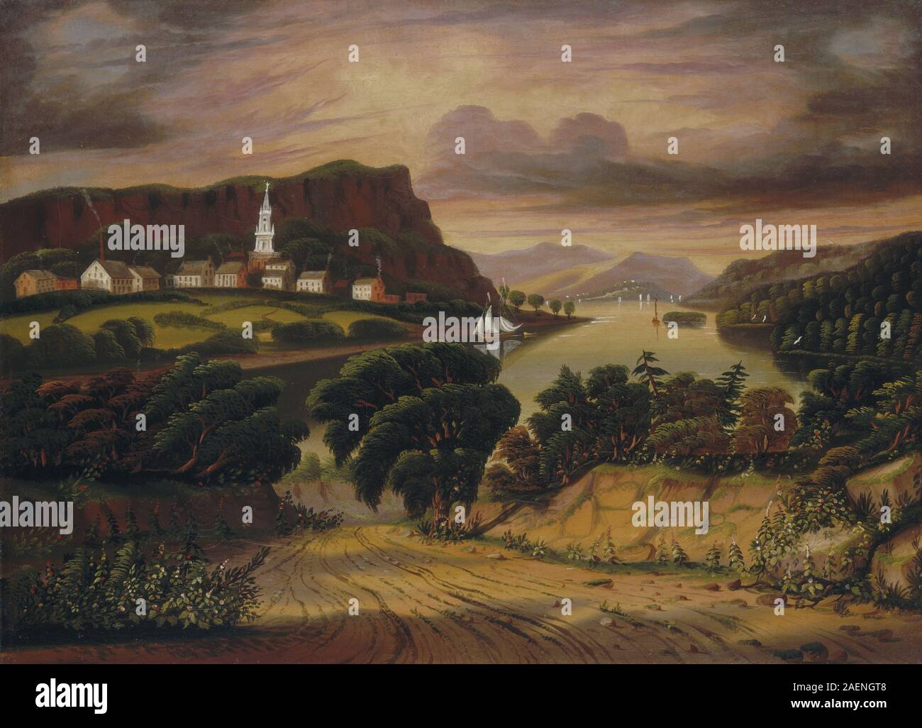 Un dipinto della metà del XIX secolo di Thomas Chambers raffigurante il lago George e il villaggio di Caldwell, che mostra il paesaggio, l'acqua, gli edifici del villaggio e lo stile romantico americano. Foto Stock