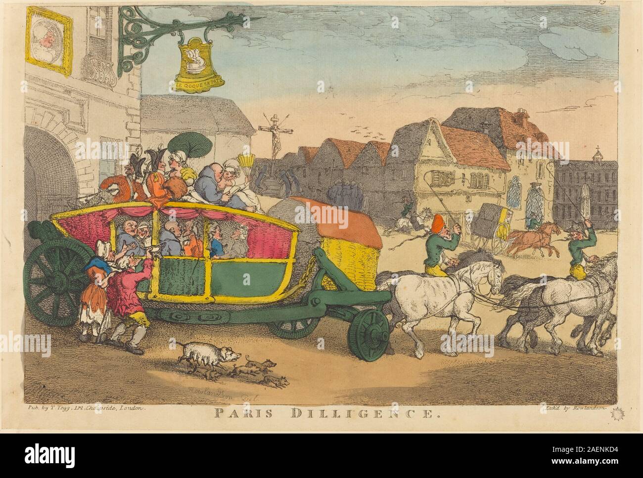 Un'impronta di Thomas Rowlandson, probabilmente nel 1810, raffigurante una diligenza di Parigi, che mostra carrozze trainate da cavalli, passeggeri, scene di strada e trasporti urbani all'inizio del XIX secolo. Foto Stock