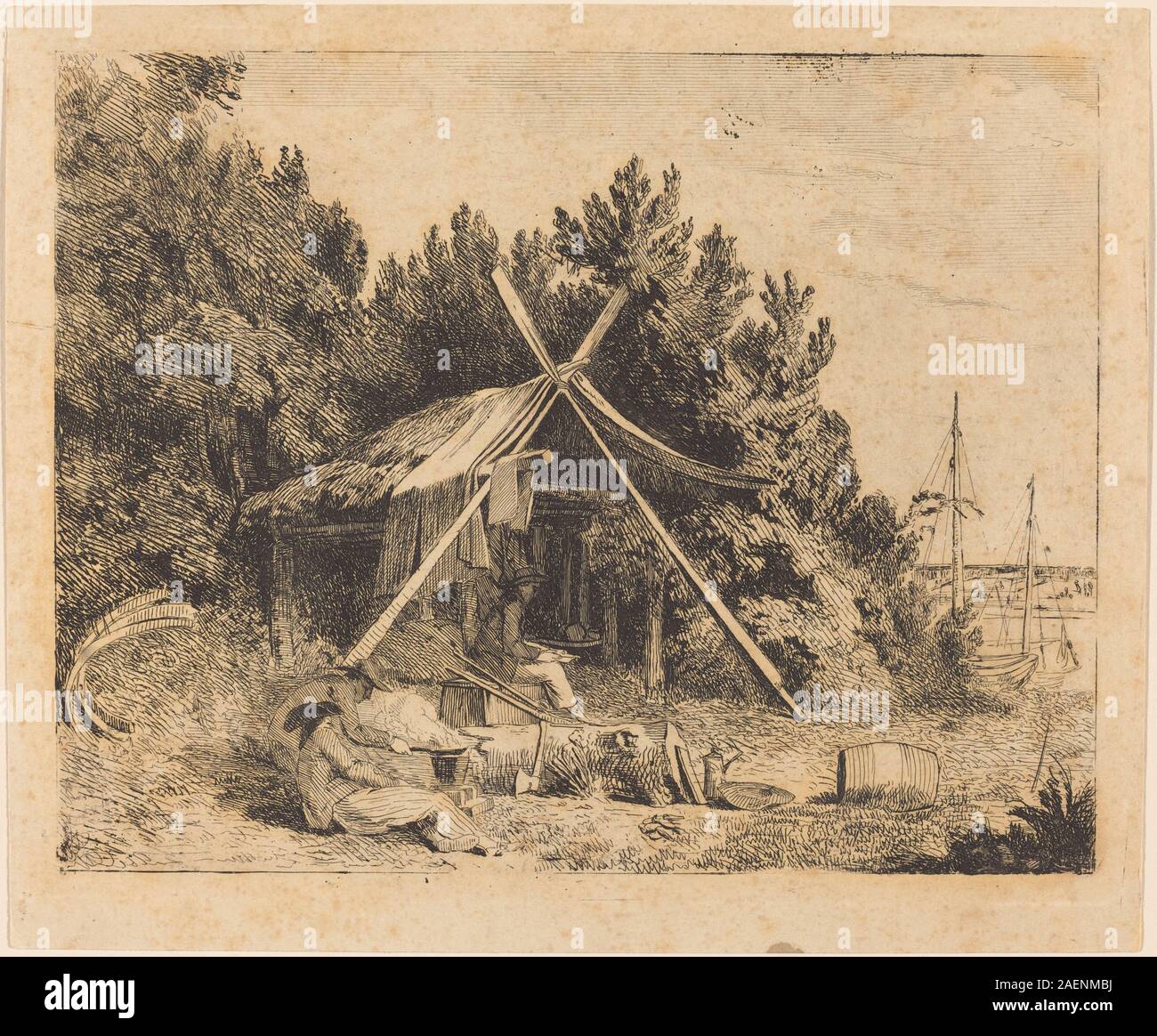 Questo disegno del 1780 di Thomas Stothard, il campo di Stothard, Blake, Ogleby, raffigura un accampamento militare, che mostra tende, soldati, e lo stile di illustrazione inglese a penna e inchiostro del tardo XVIII secolo. Foto Stock