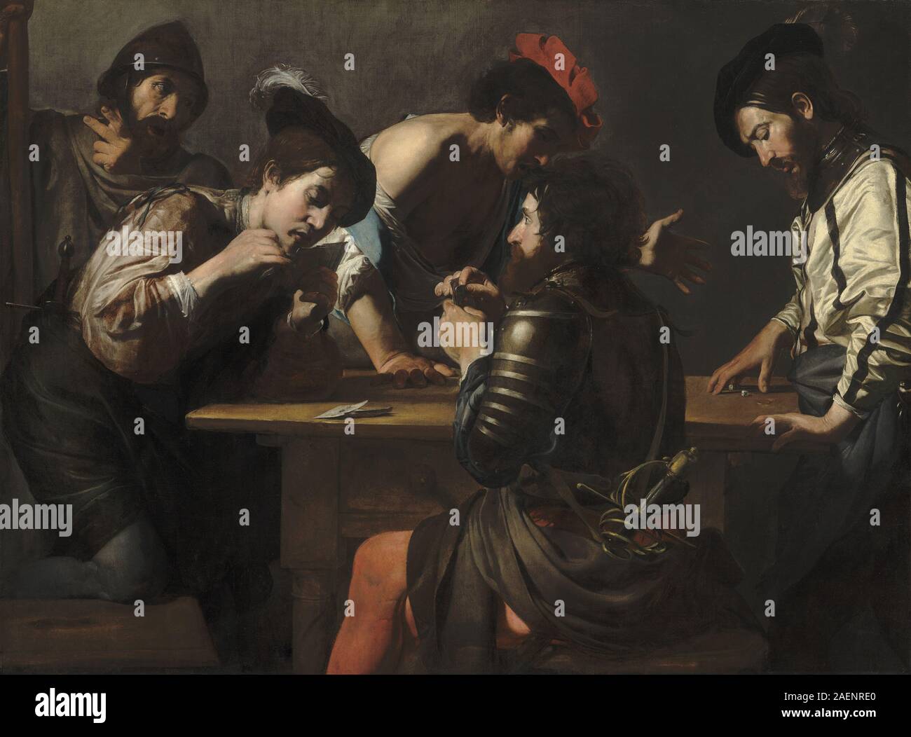Un dipinto di Valentin de Boulogne, intorno al 1618-1620, che mostra soldati che giocano a carte e dadi, raffigurano figure, gesti, abbigliamento e stile caravaggista francese dell'inizio del XVII secolo. Foto Stock