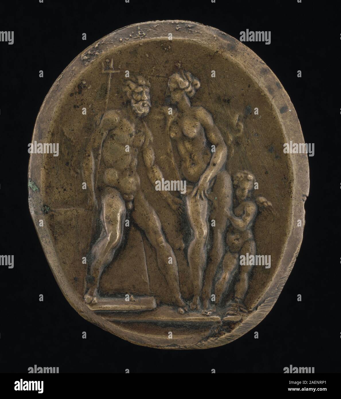 Incisione di Valerio belli raffigurante Nettuno, Anfitrite e Cupido, raffigurante figure mitologiche, composizione classica, contenuto allegorico e design in rilievo rinascimentale. Foto Stock