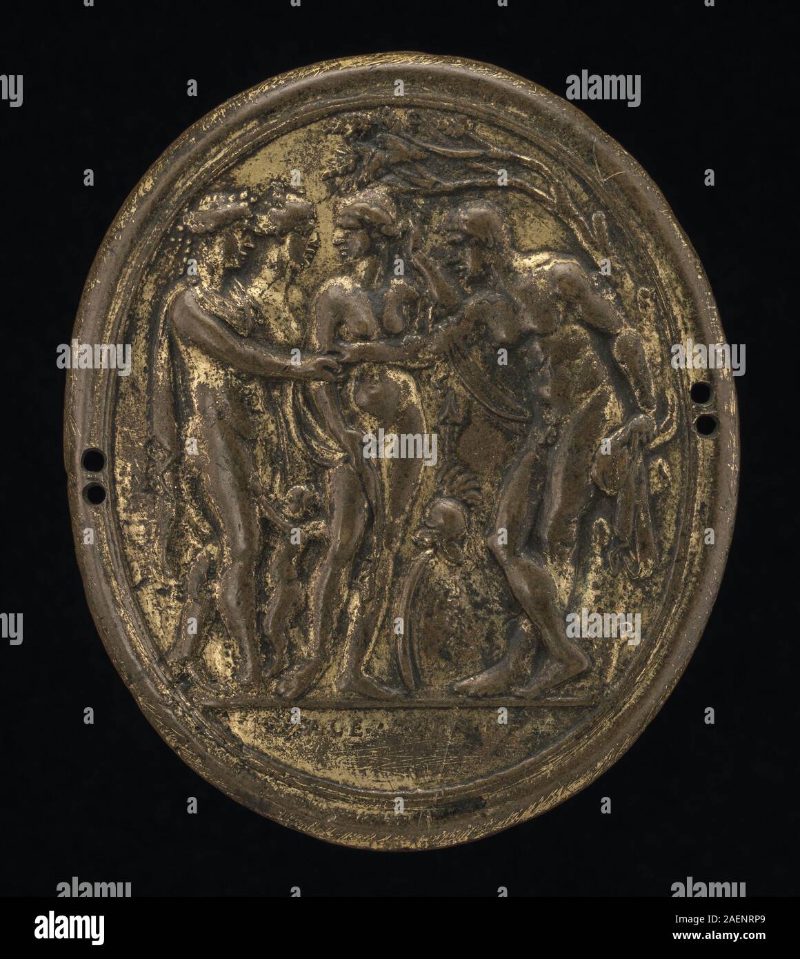 Incisione o medaglia di Valerio belli raffigurante il giudizio di Parigi, raffigurante figure mitologiche, attributi classici e composizione tipica dell'arte rinascimentale. Foto Stock