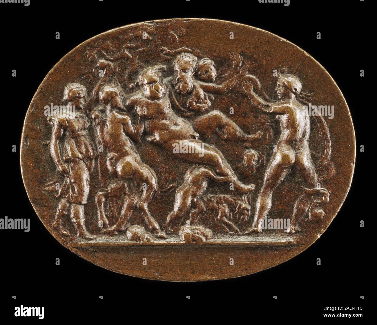 Incisione di Valerio belli raffigurante il Trionfo di Sileno, raffigurante figure mitologiche, processione Bacchica, motivi classici e un dettagliato disegno a rilievo rinascimentale. Foto Stock