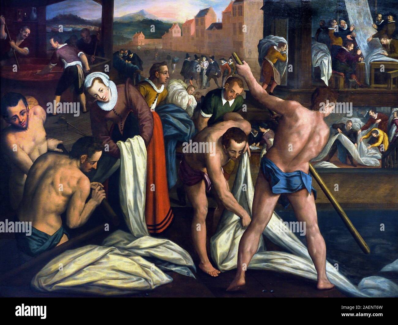 La follatura e tintura di 1594 e 1596 da Isaac Claesz van Swanenburg, olandese Nei Paesi Bassi, Olanda, ( il panno Leiden Hall - La Laecken-Halle - fu costruito nel 1640 come un trading e luogo di deposito per il panno. I fogli realizzati in loco sono stati scambiati qui. I tessuti sono stati forniti dagli operatori nel piazzale antistante, dopo che essi sono stati ispezionati da maestri di acciaio. ) Foto Stock