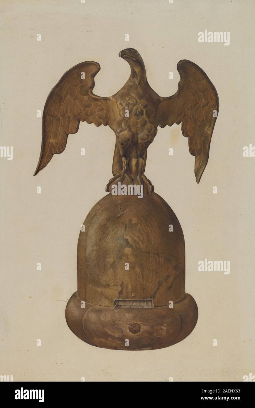 Un'asta a bandiera in metallo disegnata da Victor F. Muollo dal 1935 al 1942, che mostra la parte superiore decorativa, il meccanismo di fissaggio, motivi geometrici o simbolici e il design americano della metà del XX secolo. Foto Stock