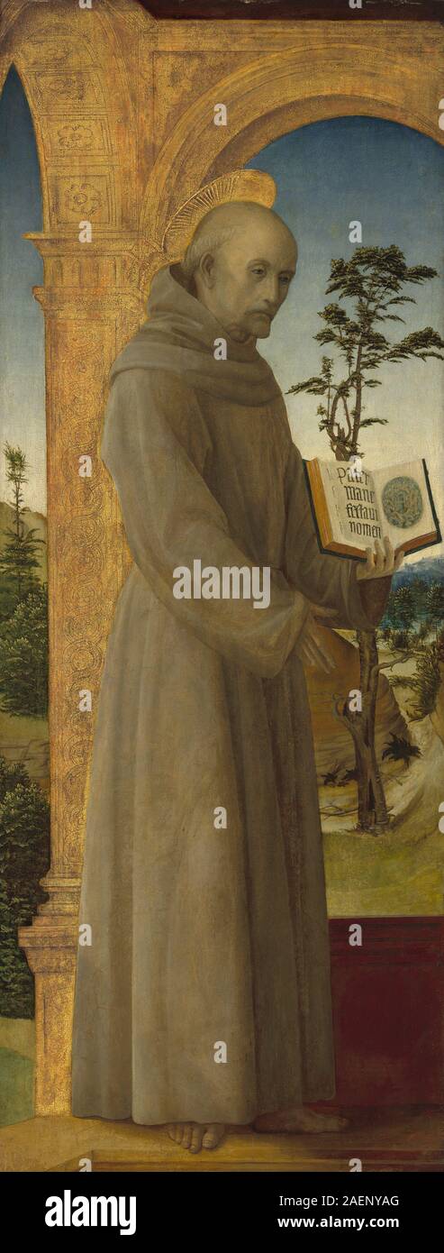 Dipinto di San Bernardino da Siena di Vincenzo Foppa, c. 1495-1500, raffigurante figure religiose, abbigliamento, gesti, halo, e rappresentazione devozionale nell'arte italiana del tardo XV secolo. Foto Stock