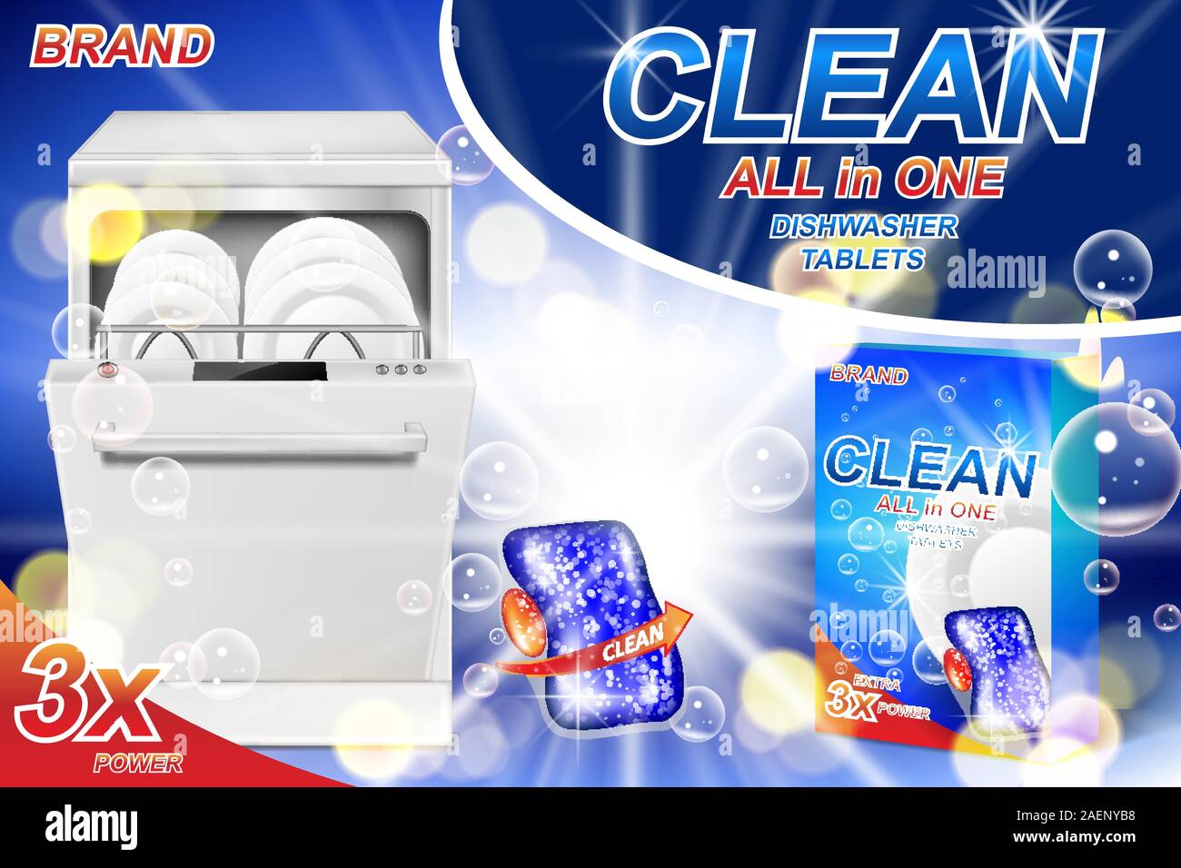 Lavare i piatti annunci di sapone. Realistica per il lavaggio di stoviglie di plastica Imballaggi con gel detergente per poster pubblicitari. Il sapone liquido pasticche per lavastoviglie. 3d Illustrazione Vettoriale