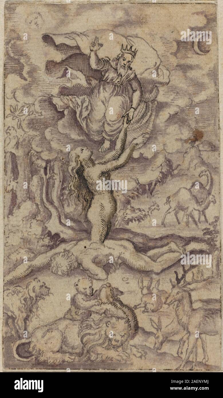 Questa opera d'arte di Virgilio Solis raffigura la creazione biblica di Eva, mostrando Adamo, Eva, Dio, paesaggio, composizione e stile incisione tedesco del XVI secolo. Foto Stock