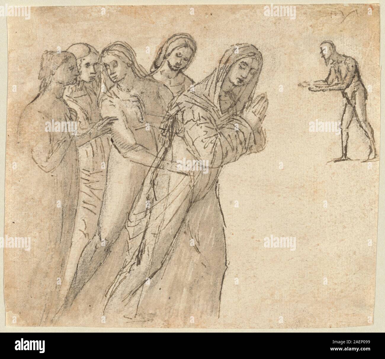 Un dipinto di Vittore Carpaccio del 1505-1510 raffigurante la Vergine Maria con altre quattro donne, raffigurante figure, abiti, gesti, sfondo architettonico, e dettagli in stile rinascimentale. Foto Stock