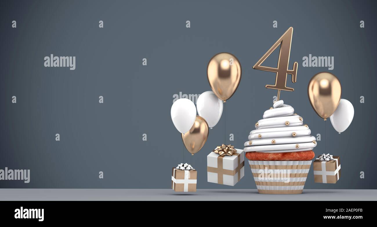 Numero 4 oro tortina di compleanno con palloncini e regali. 3D Render Foto Stock