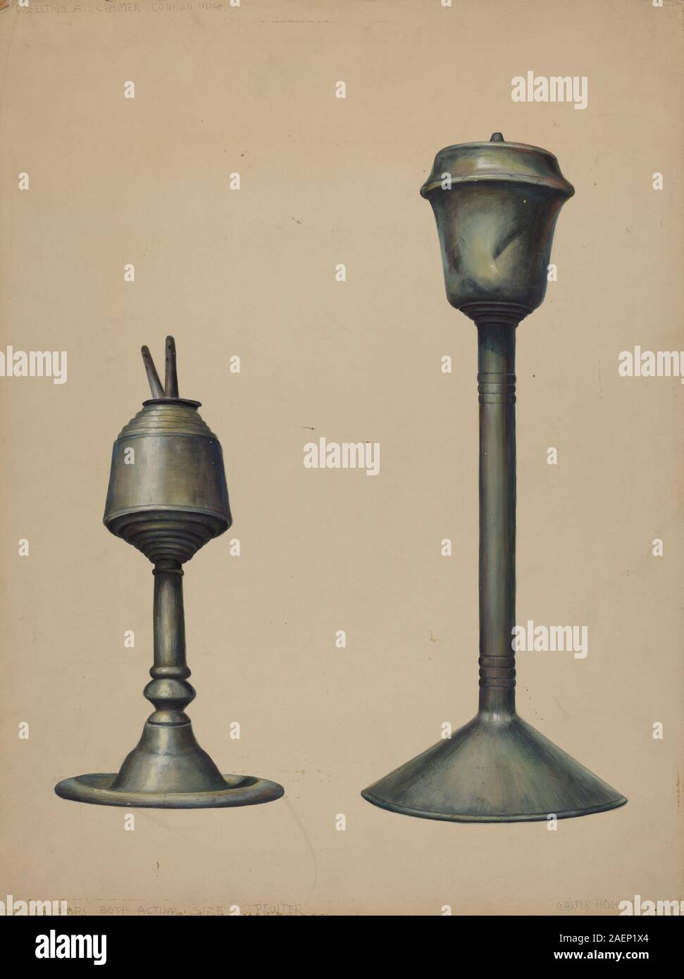 Circa 1938 paia di lampade ad olio di Walter Hochstrasser che mostrano componenti in metallo e vetro, portadenti, basi e un design decorativo funzionale. Foto Stock