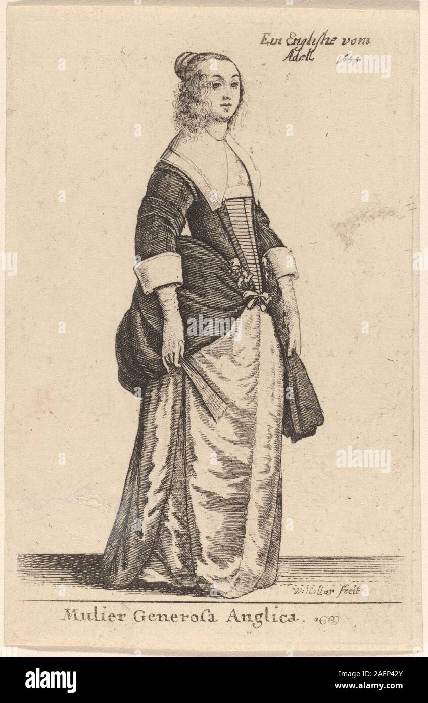 Un'incisione di Wenceslaus Hollar intitolata 'Mulier generosa Anglica' del 1644, raffigurante una gentildonna inglese in un abbigliamento dettagliato caratteristico della metà del XVII secolo. Foto Stock