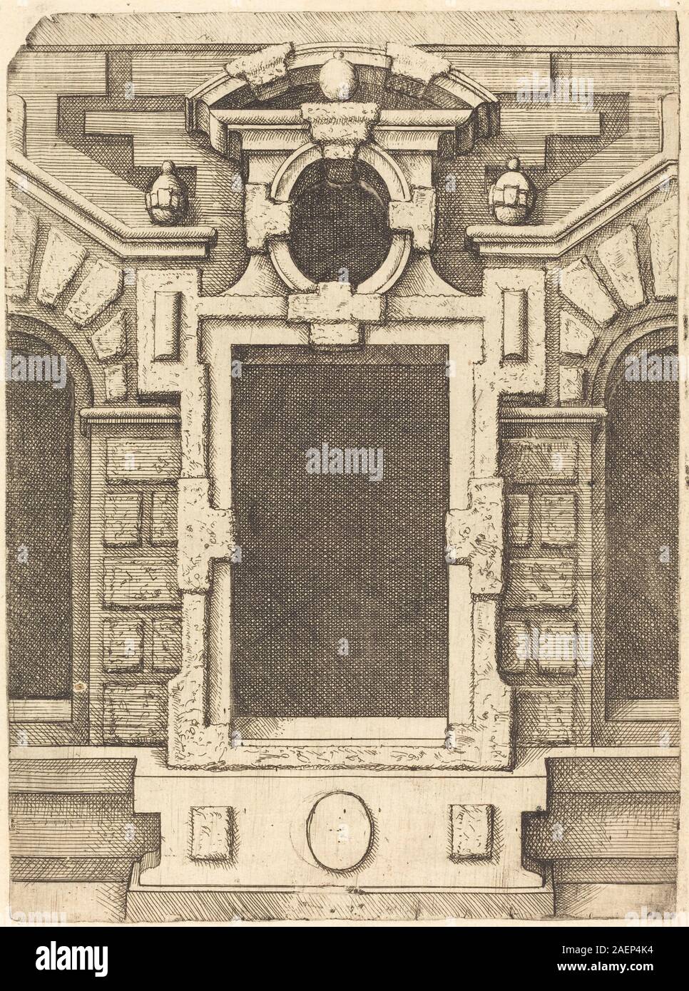 Una stampa di finestre pedimentate del 1594 circa di Wendel Dietterlin e un incisore anonimo, che mostra dettagli architettonici, design delle finestre e ornamenti classici. Foto Stock
