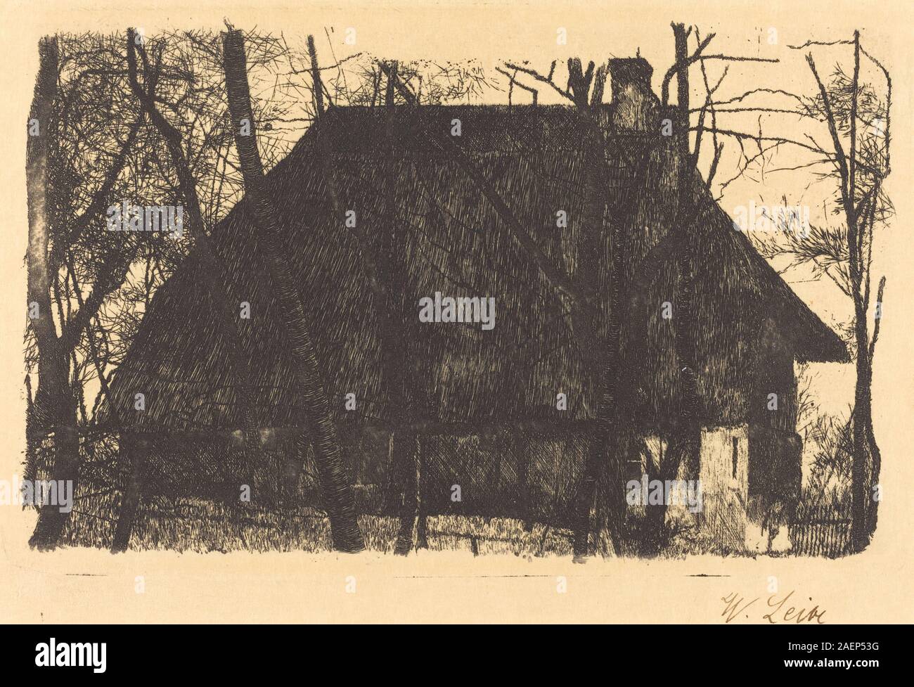 Dipinto di Wilhelm Leibl del 1875-1877 raffigurante una fattoria con paesaggio circostante, dettagli architettonici e rappresentazione naturalistica della vita rurale europea del XIX secolo. Foto Stock