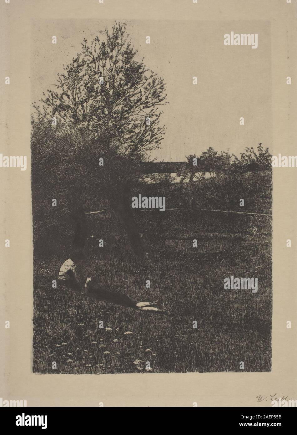 1875–1877 dipinto di Wilhelm Leibl intitolato "Prato con bambini", che mostra i bambini che giocano in un prato, erba, alberi, luce del sole e composizione naturalistica. Foto Stock