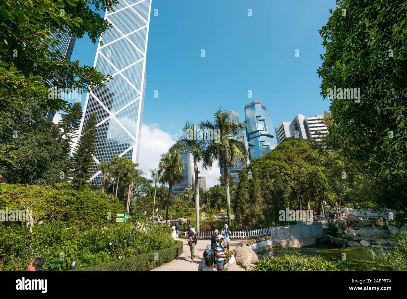 HongKong - Novembre 18, 2019: La Hong Kong parco con il lago e grattacieli edifici in background in HongKong quartiere degli affari Foto Stock