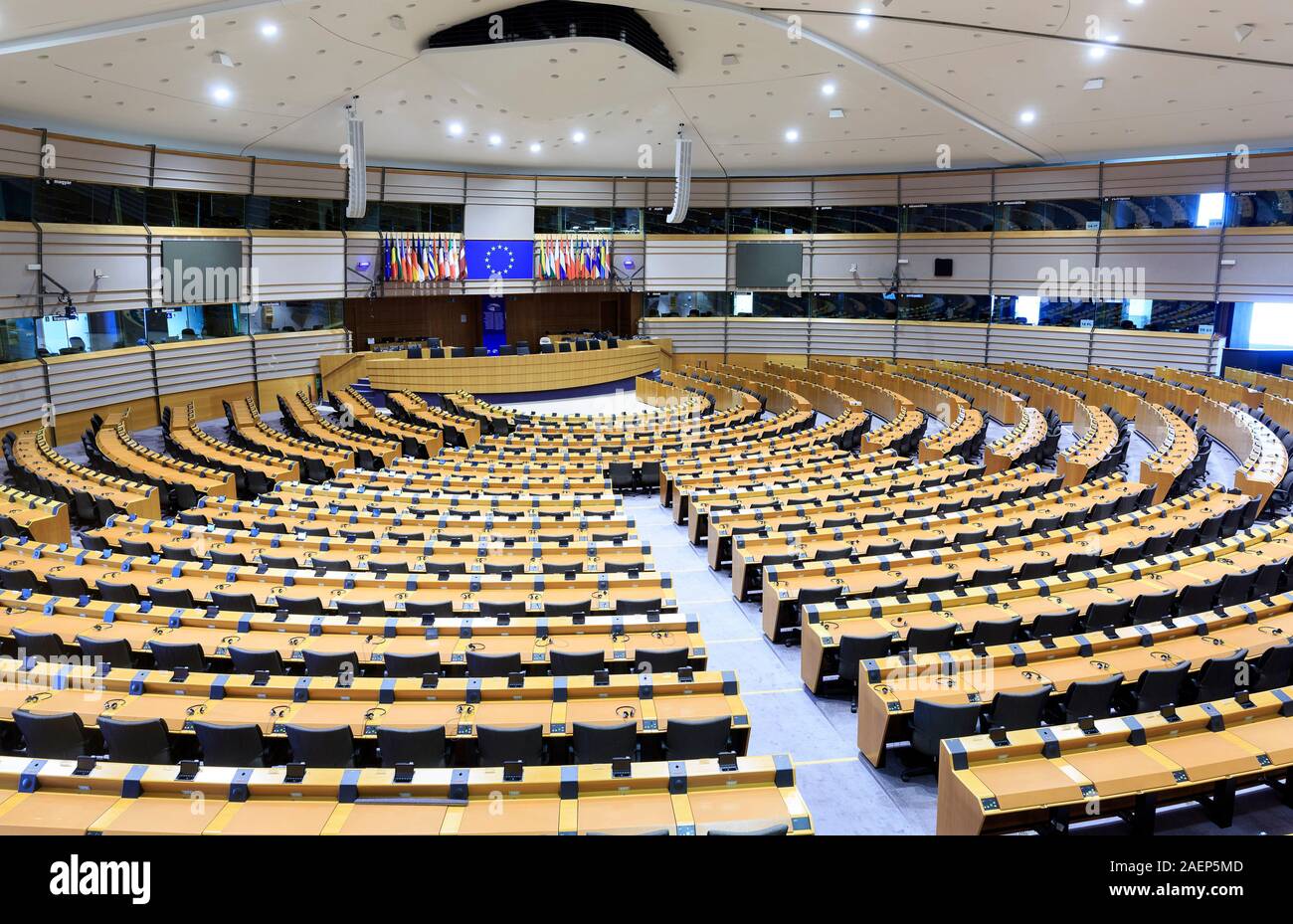 Il Belgio a Bruxelles in giugno 4, 2019: vuoto emiciclo del Parlamento europeo Foto Stock
