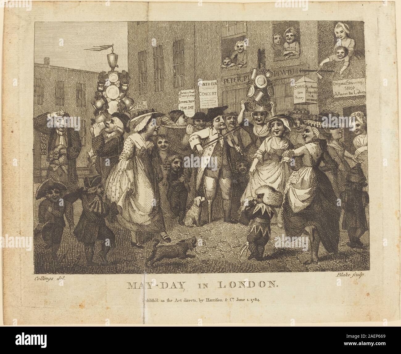 Questa stampa del 1784 di William Blake dopo Samuel Collings raffigura una celebrazione del giorno di maggio a Londra, mostrando folle, costumi, movimento, architettura urbana, e lo stile di illustrazione sociale del xviii secolo. Foto Stock