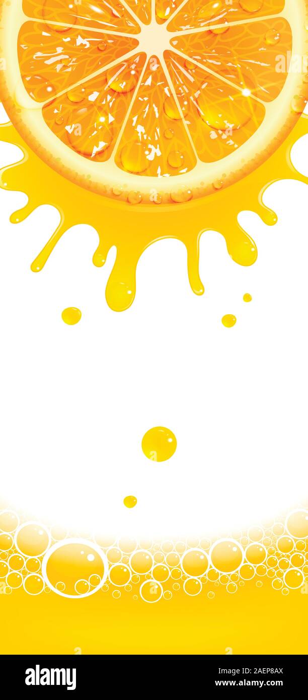 Banner verticali con juicy orange e spruzzi di succo su sfondo bianco Illustrazione Vettoriale