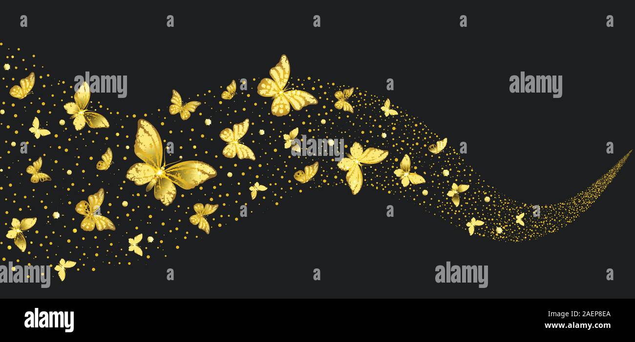 Golden decorativi farfalle nel flusso su uno sfondo nero Illustrazione Vettoriale