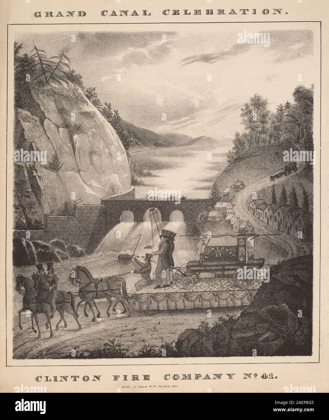 Un documento storico o una stampa di William H. Tuthill, 1826, che rappresenta la Clinton Fire Company No. 41, che mostra vigili del fuoco, attrezzature, uniformi e l'architettura di caserme dei pompieri americani dell'inizio del XIX secolo. Foto Stock