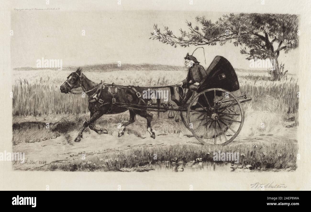 L'illustrazione del 1884 di William Henry Shelton "The One Hoss Shay" raffigura una carrozza trainata da un singolo cavallo, enfatizzando il design del veicolo, l'anatomia del cavallo e lo stile illustrativo americano del tardo XIX secolo. Foto Stock