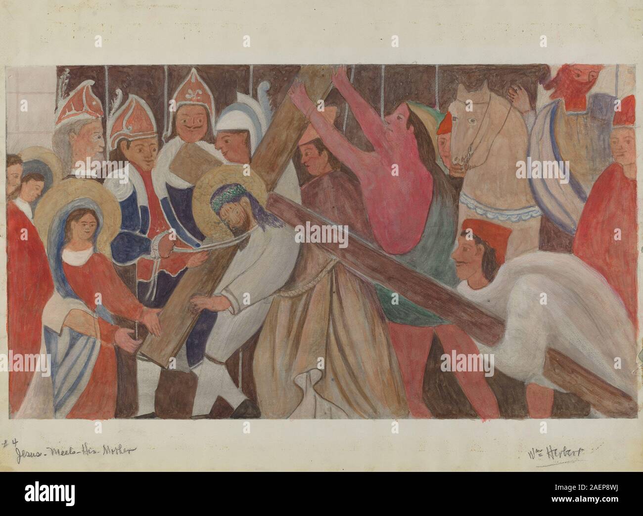 Illustrazione di William Herbert intorno al 1936 raffigurante la quarta stazione della Croce dove Gesù incontra sua madre, mostrando figure, gesti, espressioni e simbolismo religioso in stile dell'inizio del XX secolo. Foto Stock