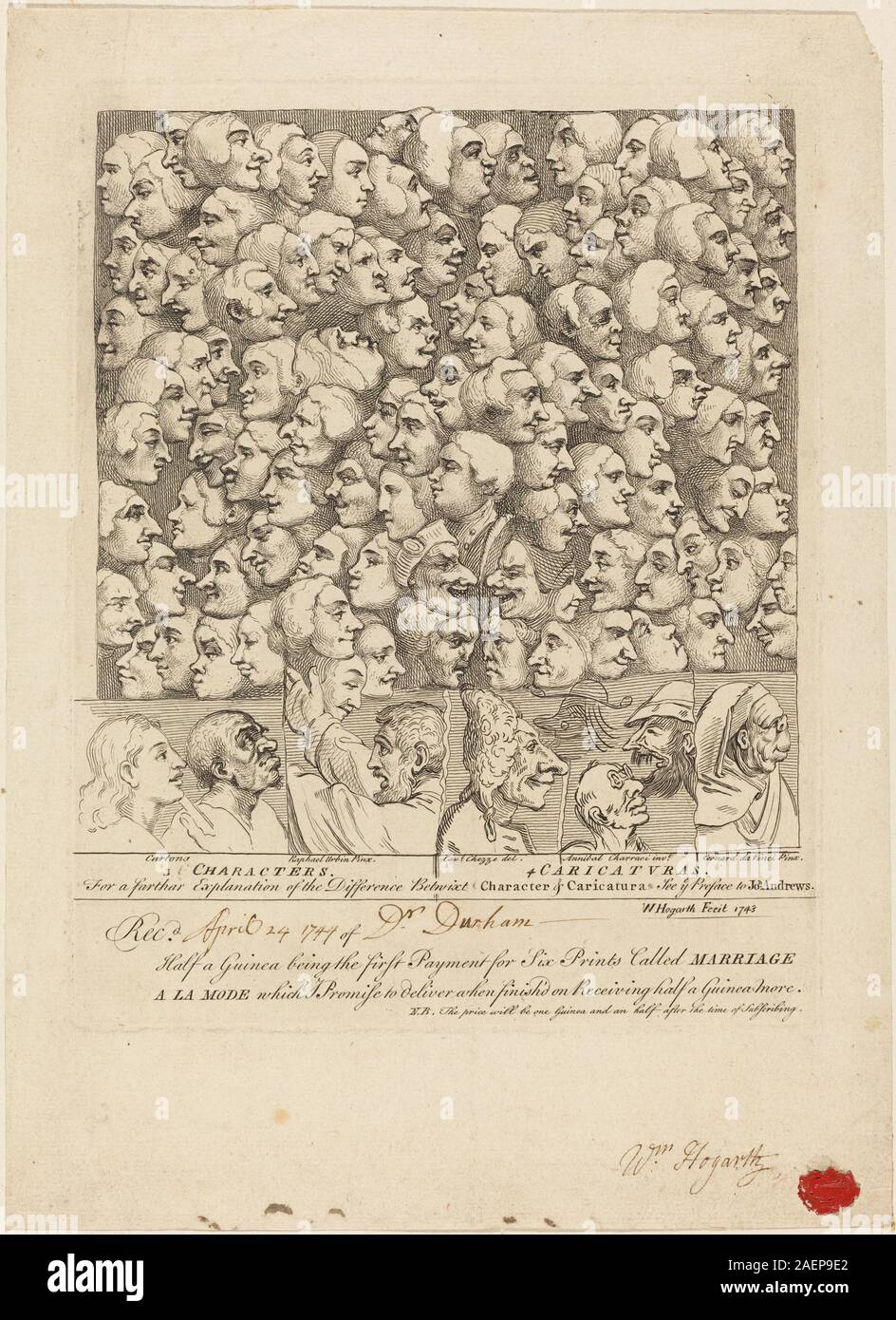 Incisione di William Hogarth del 1743 raffigurante vari personaggi e caricature, mostrando figure, espressioni, gesti, abbigliamento, e stile satirico britannico della metà del XVIII secolo. Foto Stock