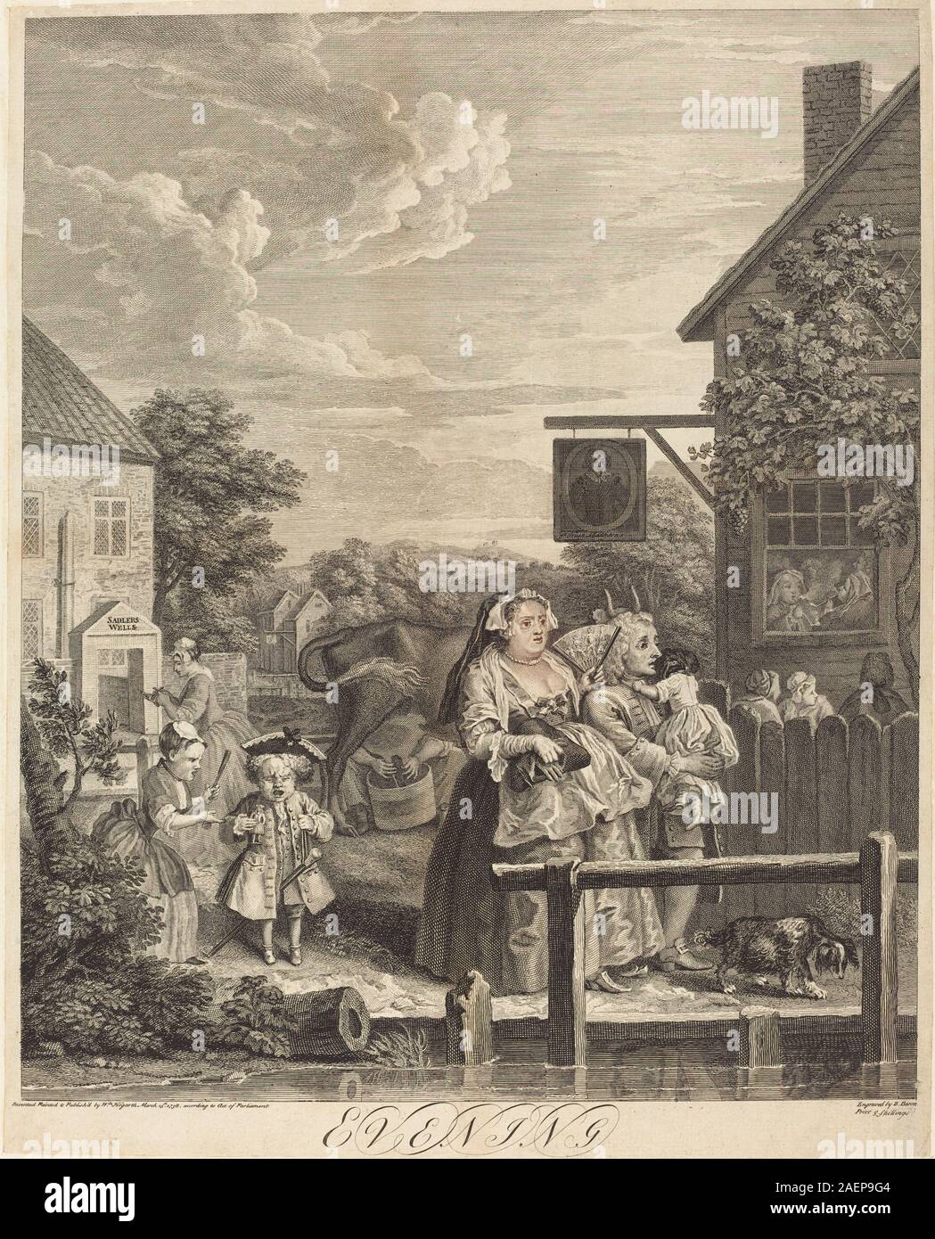 Incisione di William Hogarth del 1738 che raffigura una scena serale con figure, interni, illuminazione, mobili, e lo stile narrativo britannico della metà del XVIII secolo. Foto Stock