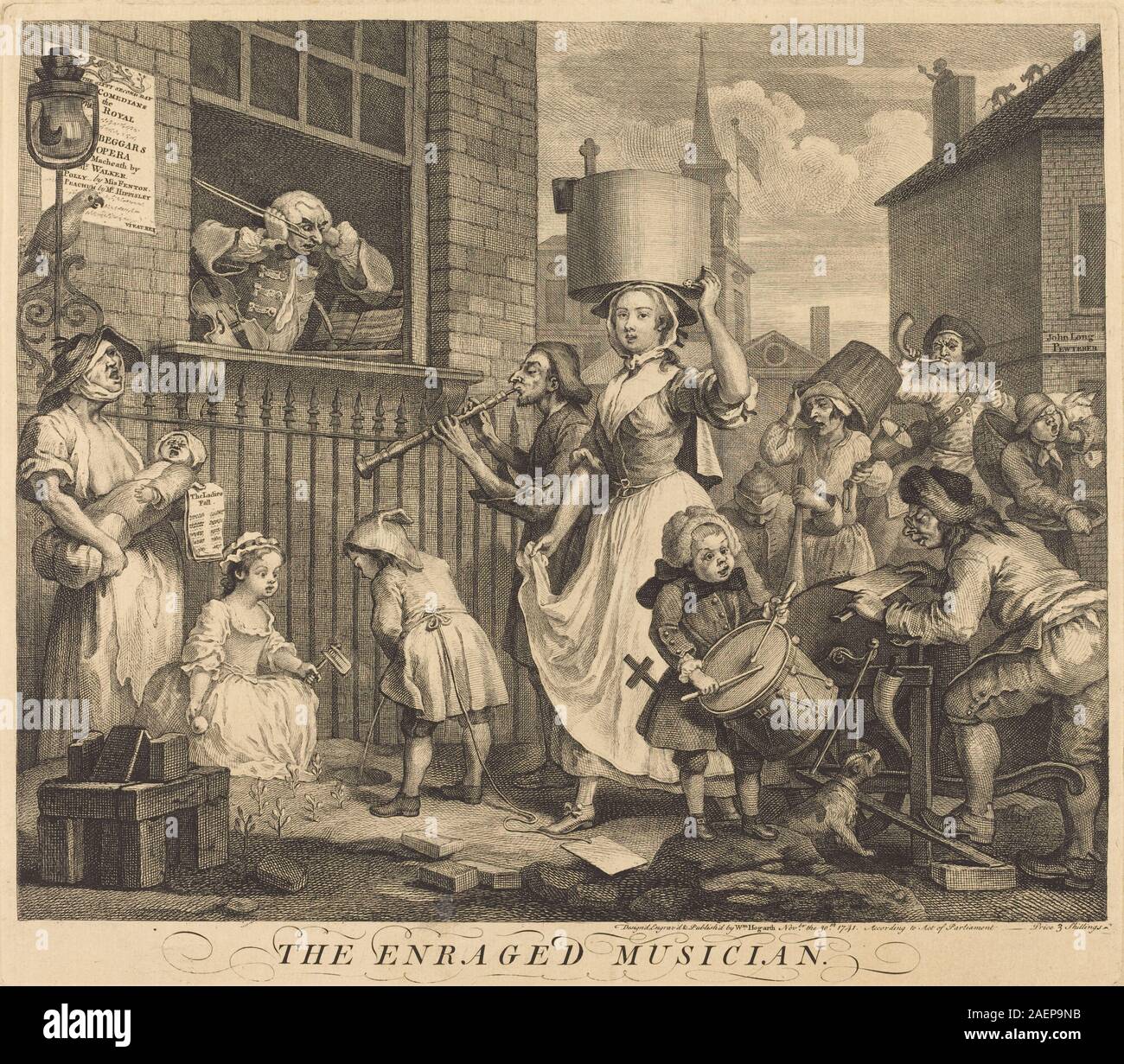 1741 dipinto e incisione di William Hogarth intitolato "The Enraged Musician", raffigurante un musicista al chiuso, che mostra espressione, gesti, figure circostanti, scena di strada visibile attraverso la finestra e composizione satirica. Foto Stock